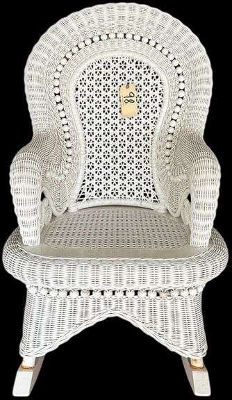 WHITE WICKER ROCKING CHAIR WITH ORNATE FAN BACK AND ROLLED ARMS image