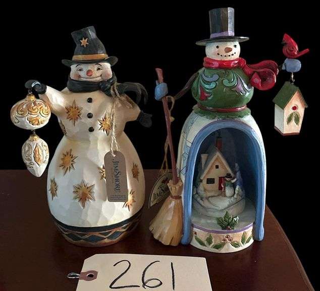 2 JIM SHORE SNOWMAN FIGURINES: "BE MERRY. BE BRIGHT.", "HOME FOR THE HOLIDAYS" BATTERY OPERATED image