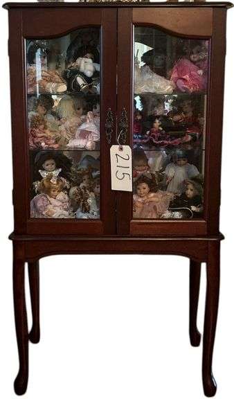 GLASS DOOR CURIO CABINET WITH TWO GLASS SHELVES, TALL QUEEN ANNE STYLE LEGS - APP. 43 INCHES TALL, 22 INCHES WIDE, 11.5 INCHES DEEP - VERY GOOD CONDITION, LOOKS GREAT! - CONTENTS NOT INCLUDED! image