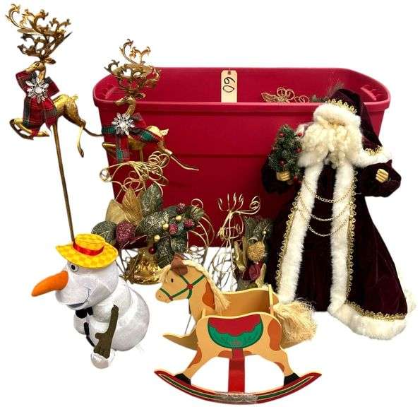 LOT OF CHRISTMAS DECOR TO INCLUDE TALL PEDESTAL CANDLESTICKS WITH REINDEER, GOLD-TONE WIRE DEER SCULPTURES, LARGE SANTA, OTHER ASSORTED ITEMS IN TOTE - LARGE RED TOTE WITH GREEN LID INCLUDED image