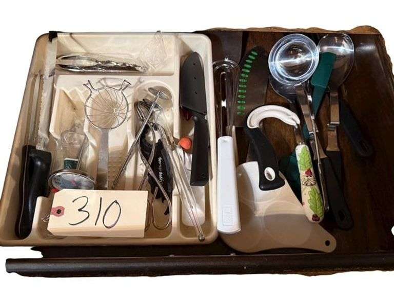 DRAWER LOT WITH CANDY THERMOMETER, MEAT THERMOMETER, NUT CRACKER, MISCELLANEOUS KNIVES, TONGS, SERVING SPOONS, LADLES, SPOON REST, BOTTLE OPENERS image
