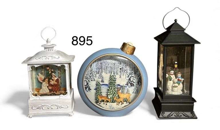 LOT OF 3 BATTERY OP LIGHT UP SNOW GLOBES - ONE SHAPED LIKE AN ORNAMENT WITH DEER, TWO LANTERN TYPE (OLD COUNTRY STORE STYLE) image