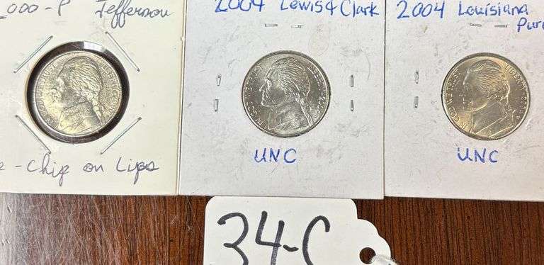 3 JEFFERSON NICKELS, 1 ERROR 2000-P DIE-CHIP ON LIPS, 2 UNCIRCULATED, 2004 LEWIS & CLARK AND THE LOUISIANA PURCHASE image