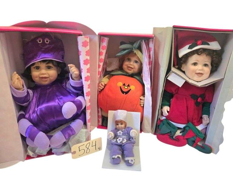 3 MARIE OSMOND BABIES BLOOM PORCELAIN DOLLS APPROX. 18”: “SPIDER”, “LIL’ PUMPKIN”, “HOLLY”; “PANSY BLOSSOM” TINY TOT image