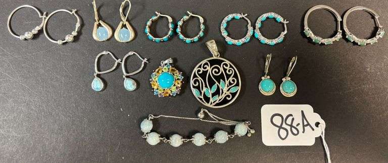 8 PAIRS OF STERLING 925 EARRINGS SOME W/ JADE TYPE STONES, STERLING PENDANTS W/ JADE TYPE AND OTHER STONES, SMALL BRACELET - 67.14 GRAMS, 2.16 TROY OZ image