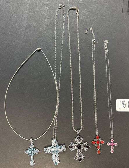 5 STERLING SILVER PENDANTS & NECKLACES, RUBY, BLUE SAPPHIRE, RED STONES - 92.68 GRAMS, 2.98 TROY OZ INCLUDING STONES image