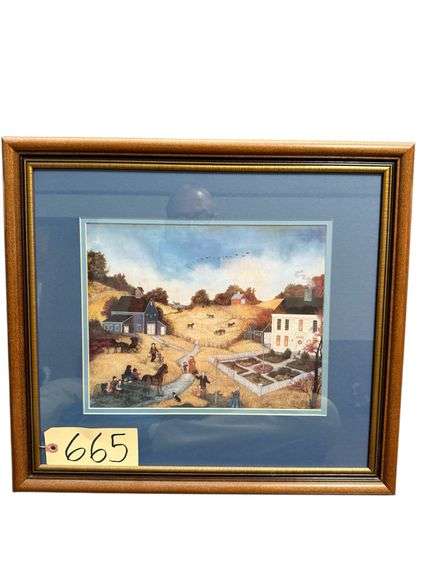 FRAMED PRINT OF RURAL FOLK ART SCENE BY LINDA NELSON STOCKS 1992 - FARM SCENE WITH HOUSE AND BARNS image
