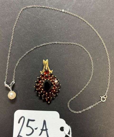 MARKED 14K GOLD PENDANT W/ RUBY RED STONES - 6.07 GRAMS WITH STONES; SMALL MARKED 14K WHITE GOLD (MAGNETIZED) WITH PEARL TYPE PENDANT - 1.25 GRAMS WITH STONE image