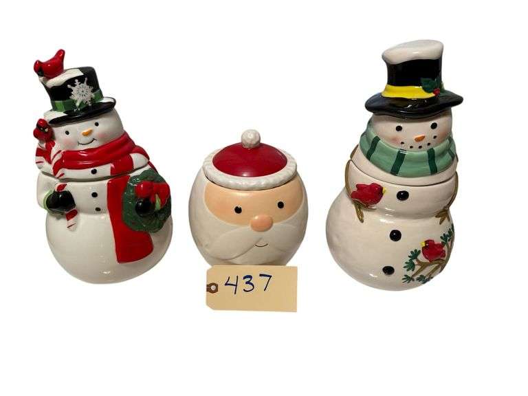 2 DAVID'S COOKIES SNOWMEN COOKIE JARS, 1 HALLMARK SANTA HEAD COOKIE JAR image