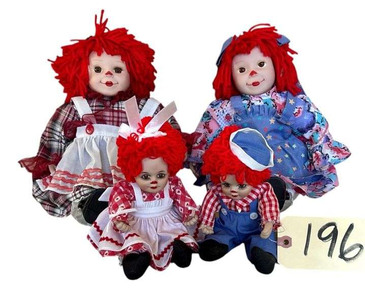 TWO LARGER RAGGEDY ANN STYLE DOLLS WITH VINYL FACES AND HANDS (BOTH NUMBERED ON BACK) PLUS TWO SMALLER DOLLS WITH PORCELAIN FACES AND HANDS image