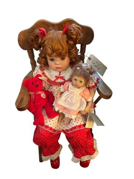 2 PORCELAIN DOLLS - ONE LARGE, ONE SMALL - ALSO INCLUDES DOLL ROCKER image