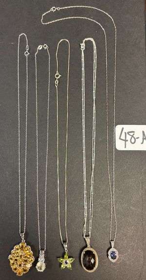 5 STERLING 925 NECKLACES W/ PENDANTS, AMBER CLUSTER, DIAMOND TYPE, EMERALD STAR, SMOKE, PURPLE AMETHYST - 1.02 TROY OZ, 31.18 GRAMS image