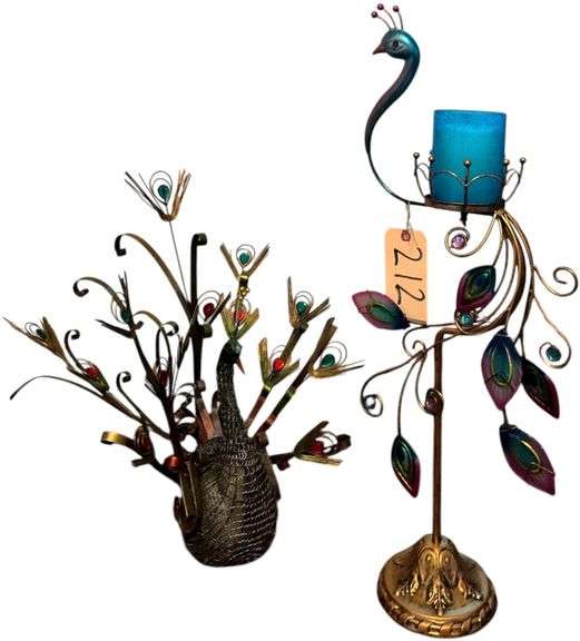 TWO DECORATIVE METAL PEACOCK PIECES: ONE IS A PILLAR CANDLE STAND WITH CANDLE INCLUDED (APP. 31 INCHES TALL) PLUS A SITTING METAL PEACOCK WITH APPLIED METAL FEATHERS image