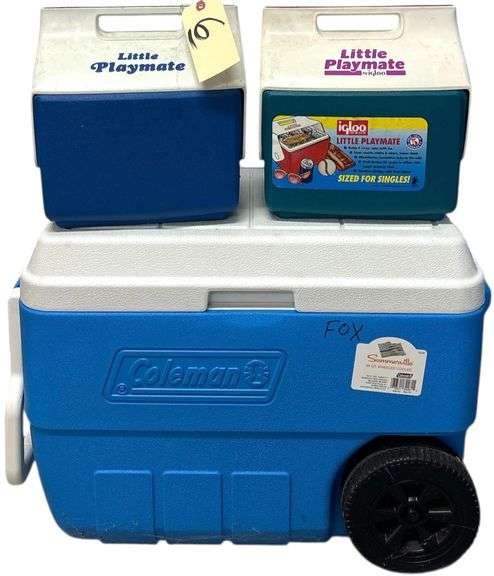 2 IGLOO LITTLE PLAYMATE COOLERS, COLEMAN ROLLING COOLER image