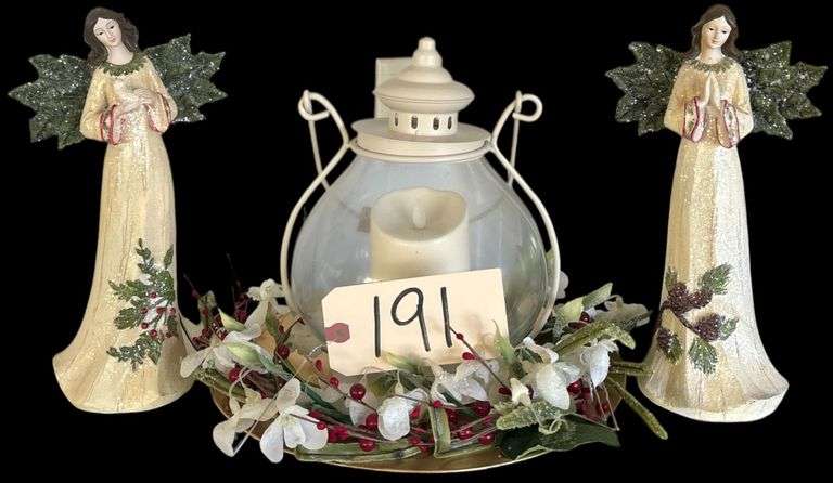 TWO ANGEL FIGURES (12 INCHES TALL) PLUS LANTERN WITH GLASS GLOBE - INCLUDES TRAY UNDER LANTERN image