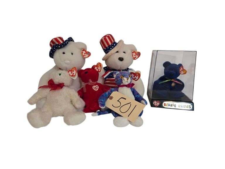 8 TY BEANIE BABIES: SAM, BENJAMIN, 2004 HOLIDAY TEDDY, SECRET, KOOKY, CLUBBY W/ PLASTIC DISPLAY CASE, EMPLOYEE BEAR, 1 OTHER image