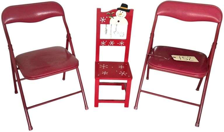 TWO RED CHILD'S FOLDING CHAIRS PLUS DECORATIVE SMALL CHRISTMAS CHAIR image