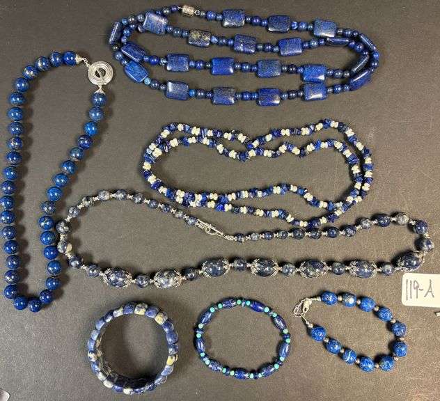 NICE ASSORTMENT OF DARK BLUE STONE NECKLACES AND BRACELETS, SOME W/ 925 STERLING CLASPS, 4 NECKLACES AND 4 BRACELETS image