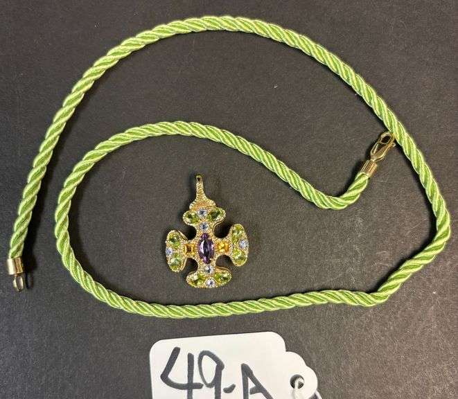 MARKED 14K GOLD PENDANT, MULTICOLOR STONES, ROPE NECKLACE W/ 14K CLASPS - 3.89 GRAMS INCLUDING STONES image
