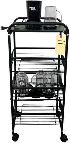 BLACK METAL 5-TIER ROLLING UTILITY CART WITH MAGIC BULLET BLENDER SYSTEM INCLUDING POWER BASE & BLENDING CUPS image