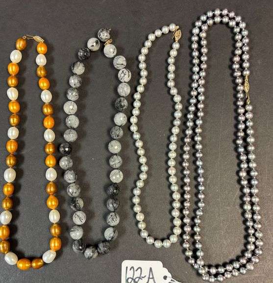 4 CULTURED/FRESHWATER PEARL NECKLACES W/ 14K GOLD CLASPS, 2 GREY, 1 ONYX TYPE STONES, 1 AMBER TO WHITE PEARLS image
