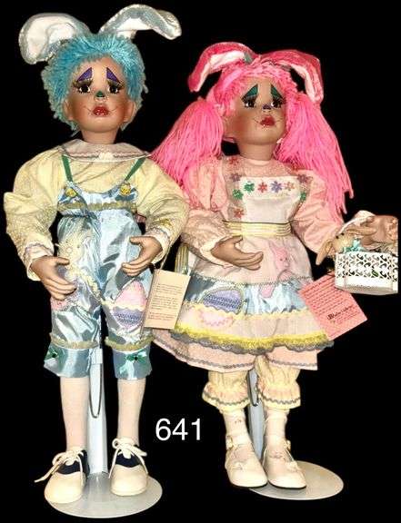 PARADISE GALLERIES CLOWN STYLE EASTER DOLLS - 20 INCHES TALL - BOTH NUMBERED 369 image