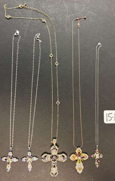 4 STERLING SILVER 925 CROSS PENDANTS & NECKLACES, 1 LARGE CROSS NECKLACE W/ PENDANT UNMARKED - 4 MARKED ONES WEIGH 1.46 TROY OZ, 45.56 GRAMS INCLUDING STONES image