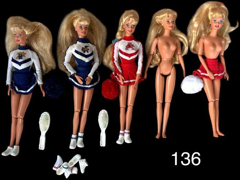 LOT OF BARBIES: FLORIDA, KENTUCKY, ARKANSAS CHEER DOLLS PLUS TWO WITHOUT OUTFITS - MISC. ACCESSORIES AS SHOWN ALSO INCLUDED image