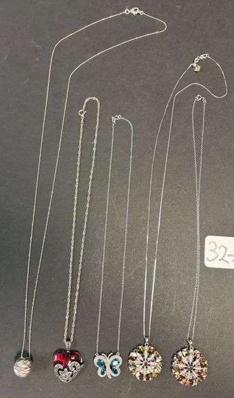 5 STERLING 925 NECKLACES AND PENDANTS - 42.76 GRAMS, 1.37 TROY OZ TOTAL WITH STONES image