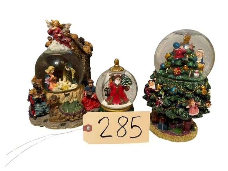 3 SNOW GLOBES - 1 NATIVITY THAT PLAYS SILENT NIGHT, 1 SANTA WITH CHRISTMAS TREE, 1 CHRISTMAS TREE "AS IS" image