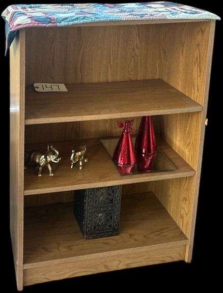 SMALL 3 SHELF LAMINATE BOOKCASE TO INCLUDE PAIR OF BRASS ELEPHANTS, RED ANGELS AND OTHER METAL DECOR image