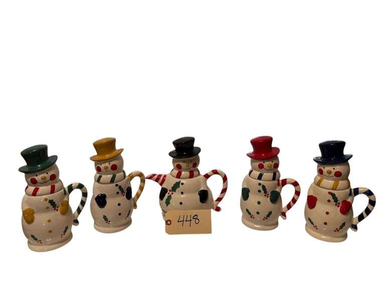 CERAMIC SNOWMAN TEAPOT WITH 4 MATCHING SNOWMAN MUGS WITH LIDS image