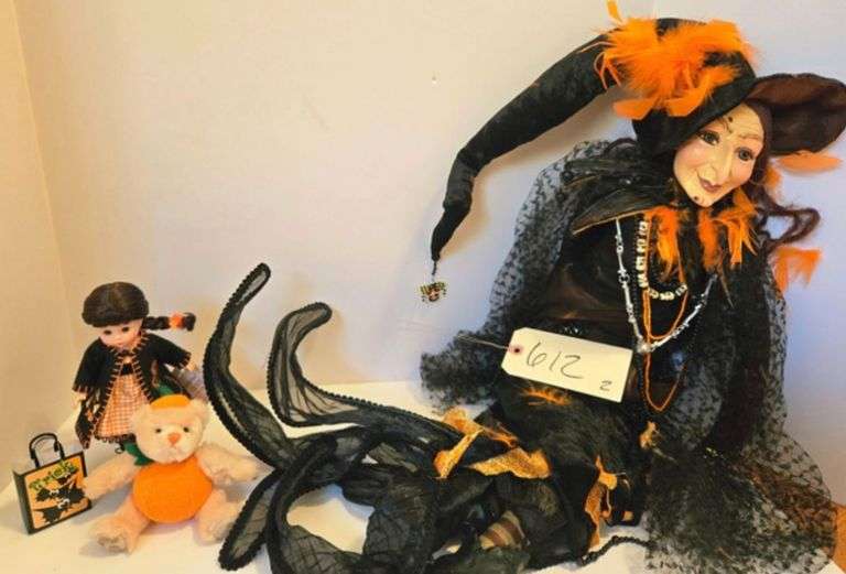 1 LARGE KATHERINE'S COLLECTION 28" TALL PORCELAIN WITCH DOLL & SMALL MADAME ALEXANDER DOLL "HALLOWEEN TREATS" image