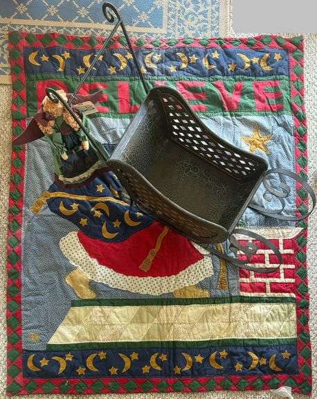 HAND PIECED CHRISTMAS QUILT, VINTAGE LOOK DOLL SLEIGH, HANGING ANGEL image
