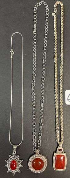 3 STERLING SILVER NECKLACES WITH CARNELIAN STONE PENDANTS - 3.25 TROY OZ, 101.35 GRAMS INCLUDING STONES image