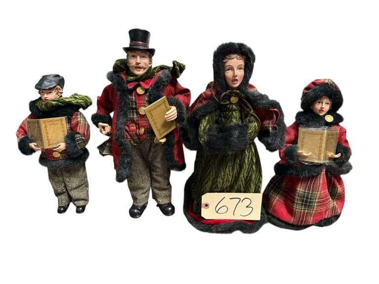2 MALE RESIN CAROLERS AND 2 FEMALE CAROLER TREE TOPPERS image