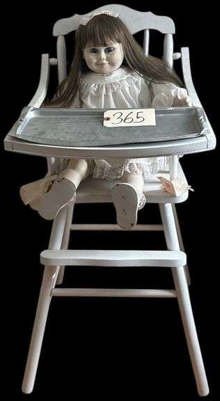 "MISS ELSA OF ROYAL DOLL" CREATION, PORCELAIN DOLL - COMES WITH ANTIQUE CHILD'S HIGHCHAIR (NOT TO BE USED FOR CHILDREN) - HIGH CHAIR STANDS 39" TALL - MEASURES 17" WIDE AT TRAY image