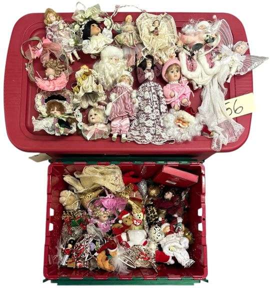 RED AND GREEN FLIP TOTE FULL OF CHRISTMAS ORNAMENTS TO INCLUDE BEAUTIFUL VICTORIAN STYLE ORNAMENTS, TY ORNAMENTS, CLASSIC DESIGN ORNAMENTS, ETC. - NOTE: RED TOTE IN BACK IS NOT INCLUDED, JUST USED FOR DISPLAY image