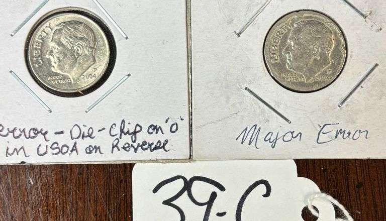 2 U.S. ROOSEVELT DIMES, DIE CHIP ON REVERSE ON "OF", MAJOR ERROR ON OTHER ONE image