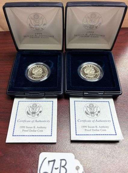 TWO 1999 SUSAN B. ANTHONY ONE DOLLAR COINS IN UNITED STATES MINT BOXES, COAS INCLUDED image