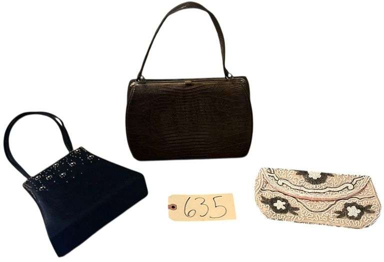 LOT OF 3 VINTAGE PURSES: ONE BEADED WALBORG, WEST GERMANY - ONE FAUX ALLIGATOR VINTAGE PURSE WITH CLASP, ONE SMALL HANDLED AND BEADED BLACK BAG - ALL IN GOOD, CLEAN CONDITION image