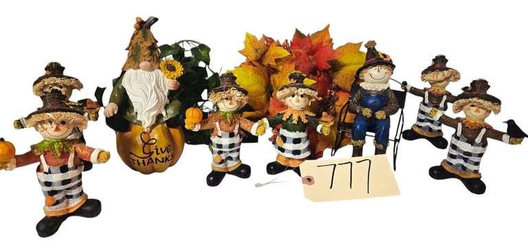 7 FALL THEME FIGURINES, LIGHTED ARTIFICIAL LEAVES DISPLAY image
