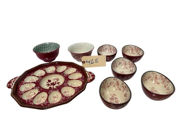 12 EGG EGG TRAY, 5 EGG-SHAPED 8 OUNCE TEMP-TATIONS FLORAL LACE BOWLS WITH PLASTIC LIDS, 2 HALLMARK CHRISTMAS STYLE BOWLS image