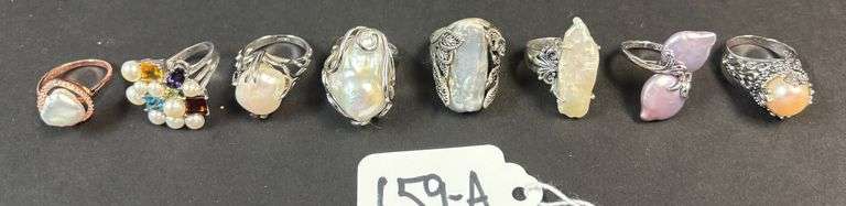 8 STERLING SILVER RINGS W/ FRESHWATER AND CULTURED PEARLS - 53.83 GRAMS, 1.73 TROY OZ W/ STONES - SIZES RANGE 5 1/2-8 image