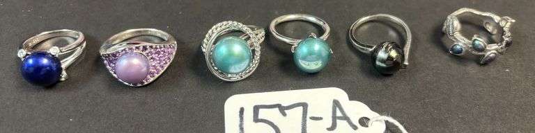6 STERLING RINGS W/ CULTURED PEARLS - 32.50 GRAMS, 1.04 TROY OZ W/ STONES - SIZES RANGE FROM 5-7 image