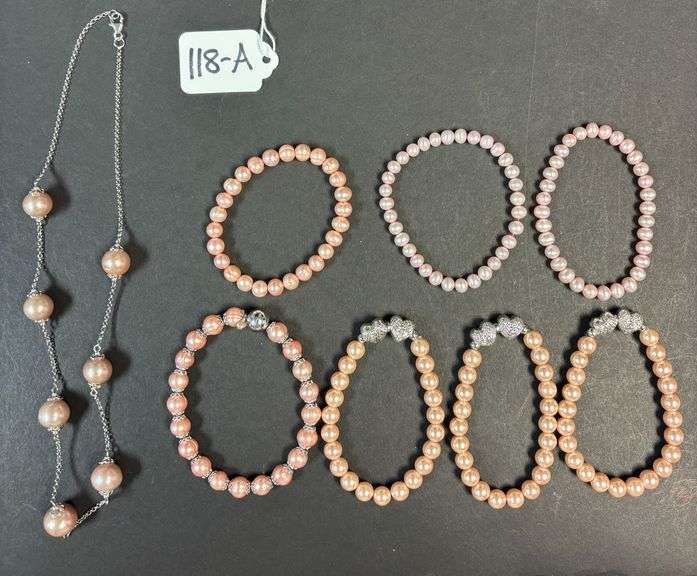 PINK CULTURED PEARLS TYPE NECKLACE W/ 925 STERLING CLASPS, 7 PINK PEARL TYPE BRACELETS TOTAL image