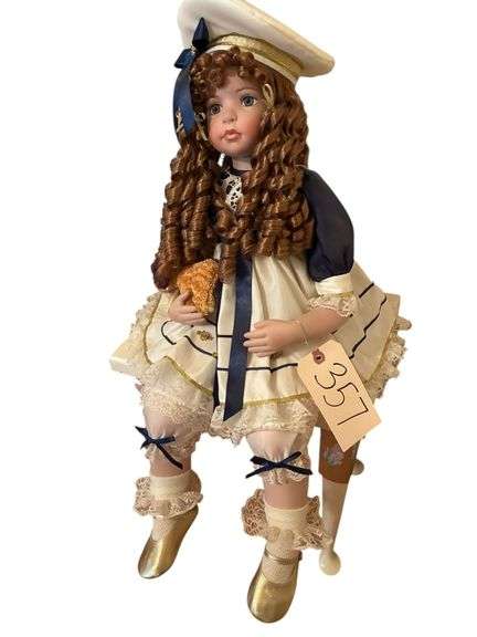 KATHY SMITH FITZPATRICK DOLL IN "SAILOR" STYLE OUTFIT SITTING ON VICTORIAN THEME BENCH - DOLL IS APPROXIMATELY 30" IN SITTING POSITION - BENCH MEASURES 15 X 12 AND 17" TALL image