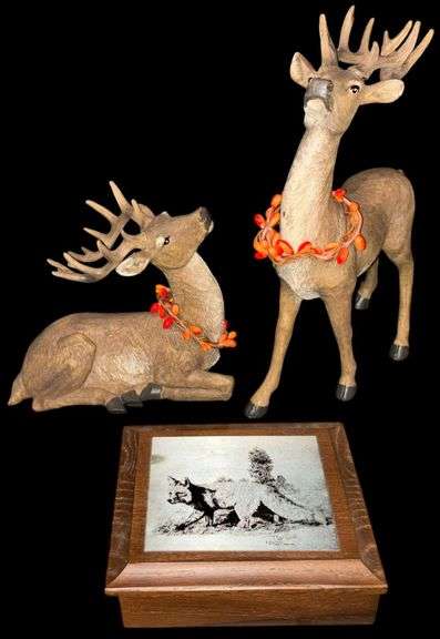 TWO DEER FIGURES WITH BERRY WREATHS PLUS WOODEN BOX - TALLEST DEER IS 12 INCHES IN HEIGHT image