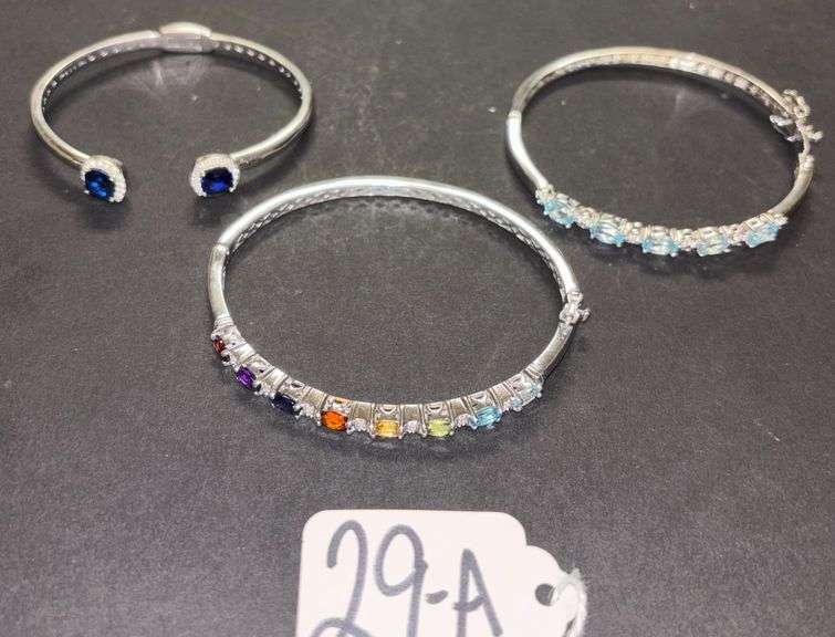 3 STERLING 925 SILVER BRACELETS, 1 DARK BLUE STONES, LIGHT BLUE STONES, MULTICOLORED STONES - 44.32 GRAMS, 1.42 TROY OZ TOTAL INCLUDING STONES image