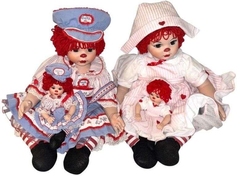 2 RAGGEDY ANN POPRCELAIN DOLLS: MARIE OSMOND 2007 #385/500, MARIE OSMOND 2007 #206/500; 2 MARIE OSMOND RAGGEDY ANN TINY TOT DOLLS image